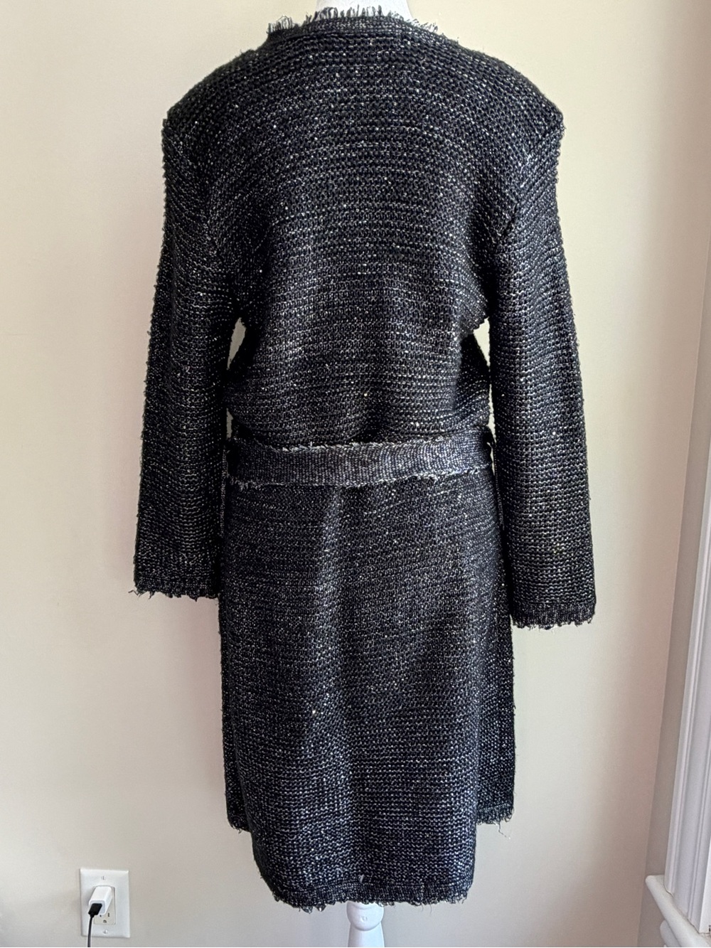 Zara Knit Women's Medium Textured Black Tweed Long Open Cardigan with Tie - Picture 2 of 3